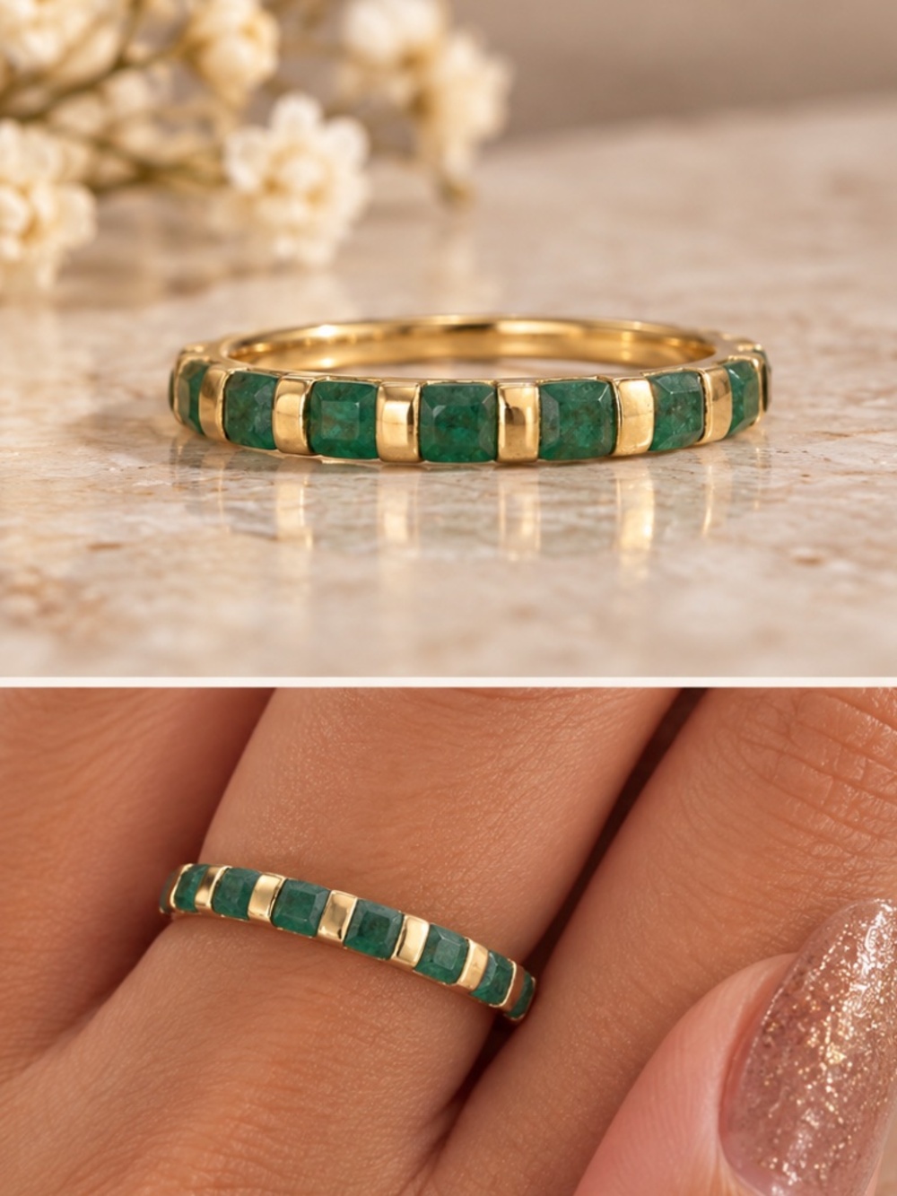 DBJ Brand Gold Vermeil Sterling Silver with Green Gemstones Band Style Ring